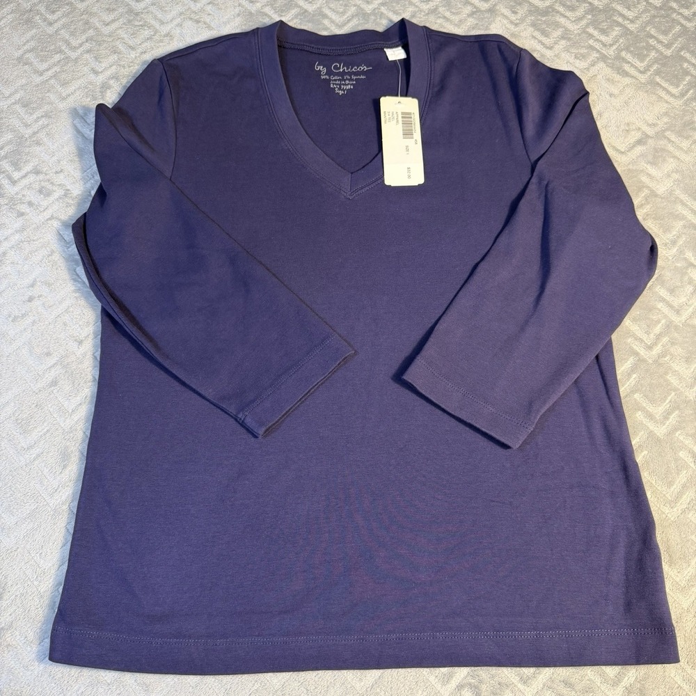 by Chico's Womens Tee Medium (1) 3/4 Sleeve V-Neck Tee Shirt New With Tags